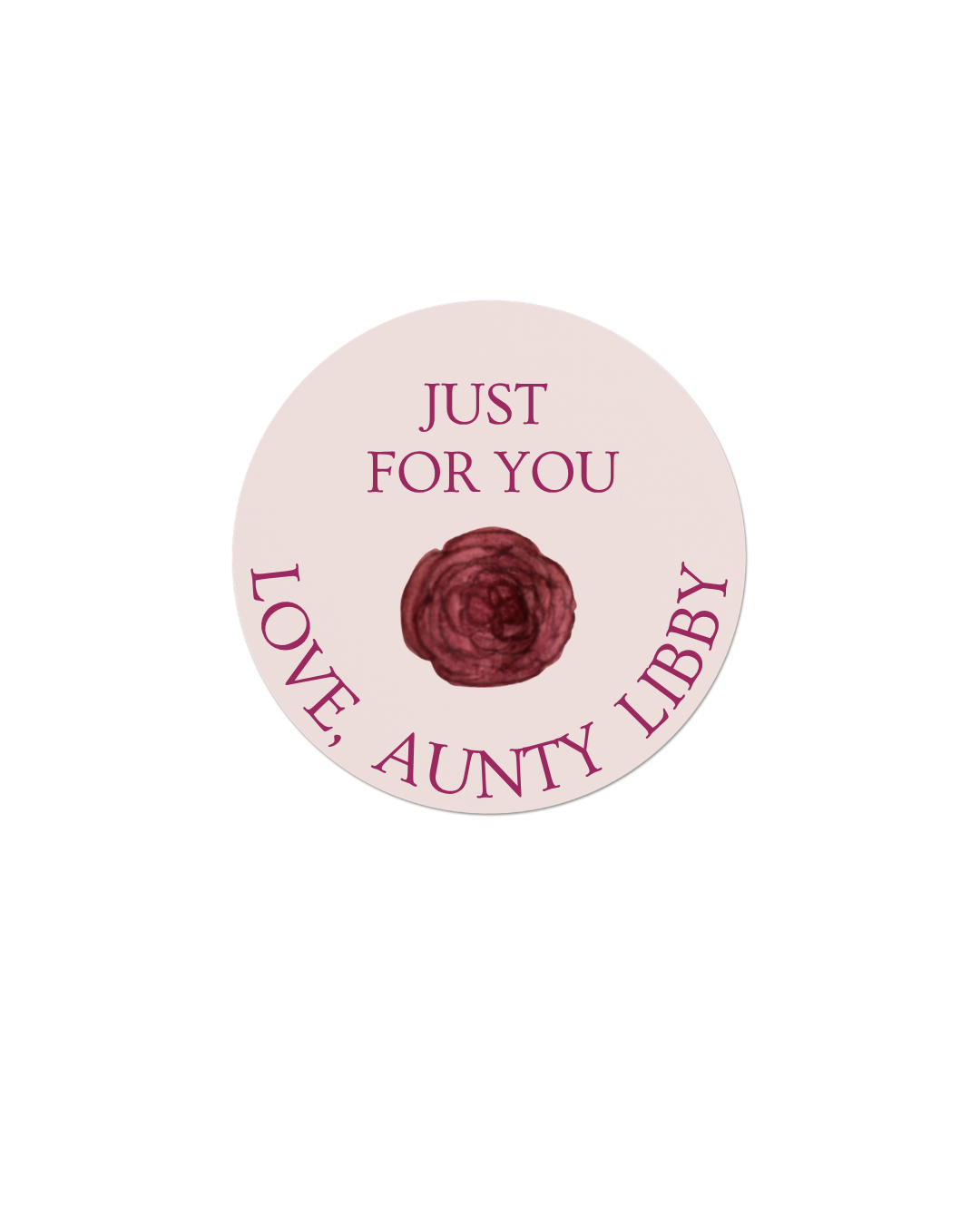 Logo: Just for You Love, Aunty Libby in dusty pink and burgundy with a hand-painted burgundy Camellia flower
